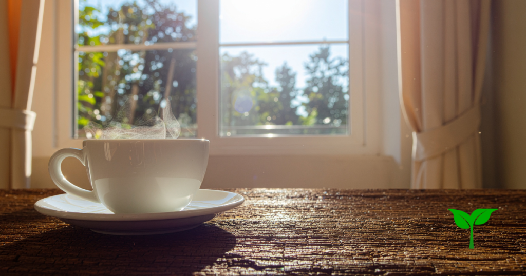 朝の柔らかい光が差し込む窓辺、木のテーブル、湯気の立つコーヒー(Grow Vol.1)