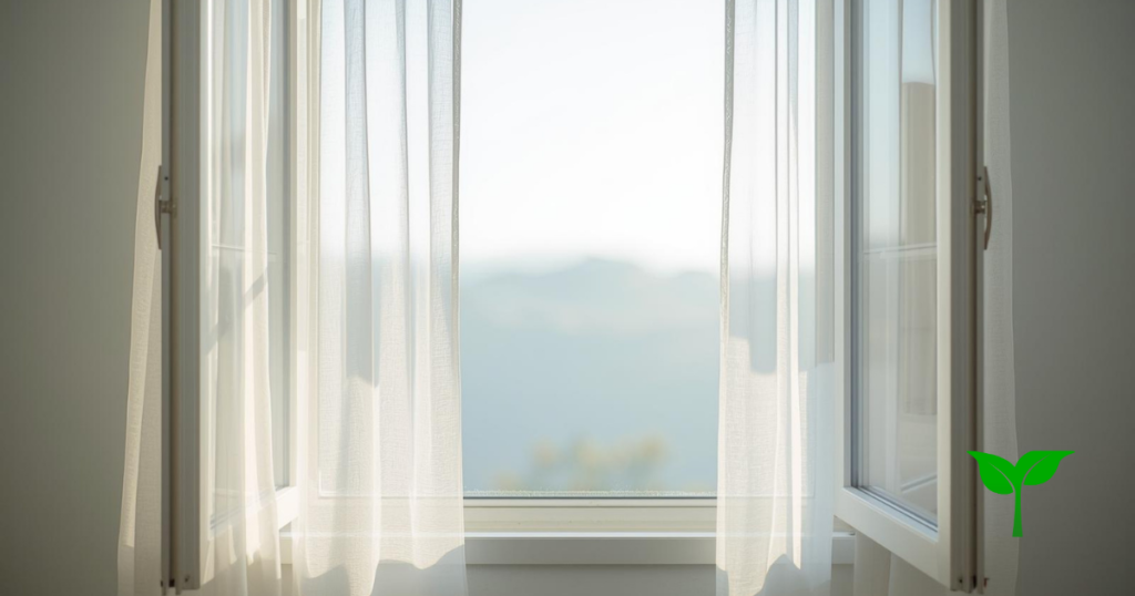 月曜の朝の柔らかな光が差し込む窓辺。白いカーテンがふんわり揺れ、空気に透明感がある。