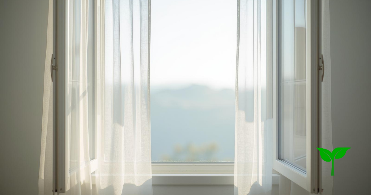 月曜の朝の柔らかな光が差し込む窓辺。白いカーテンがふんわり揺れ、空気に透明感がある。