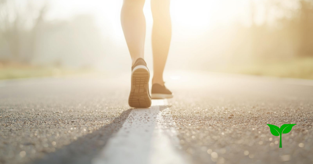 朝の淡い光が差し込む道を、やさしい一歩が前に進む瞬間を切り取った雰囲気