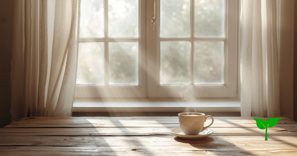 朝の柔らかい光が差し込む窓辺。湯気の立つコーヒー、ウッドテーブル、淡いベージュとホワイトの優しい世界観。