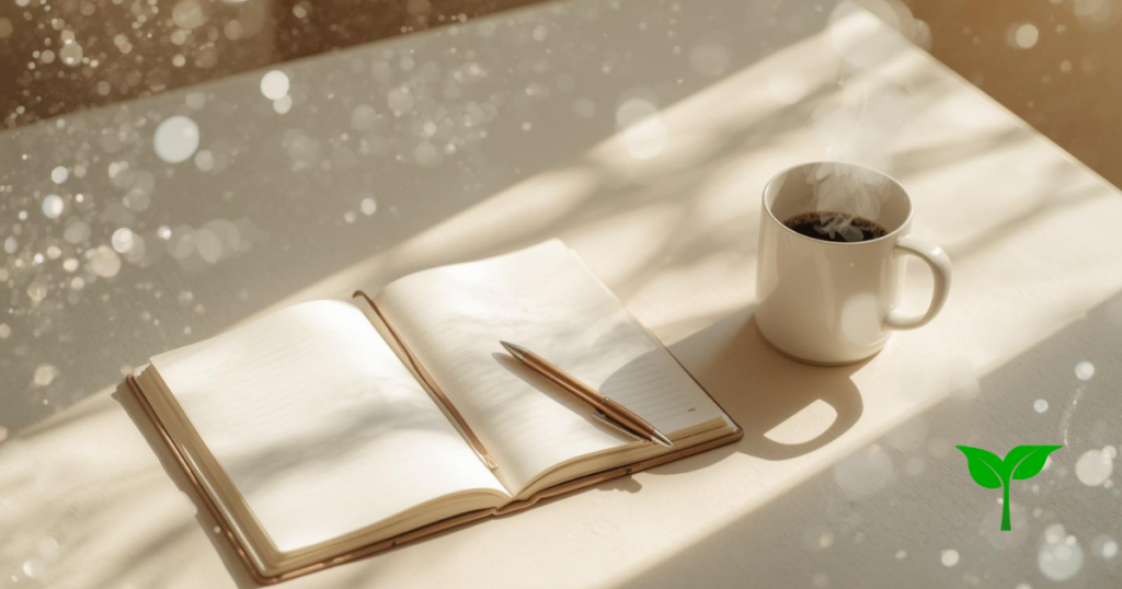 朝の柔らかい光が差し込むデスク。開いたノート、ペン、コーヒー。光の粒やレンズフレアが入る透明感のある描写