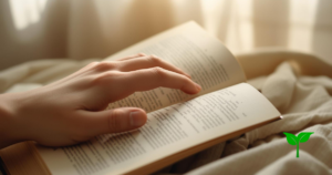静かな朝の光の中で本を開くシーン。
