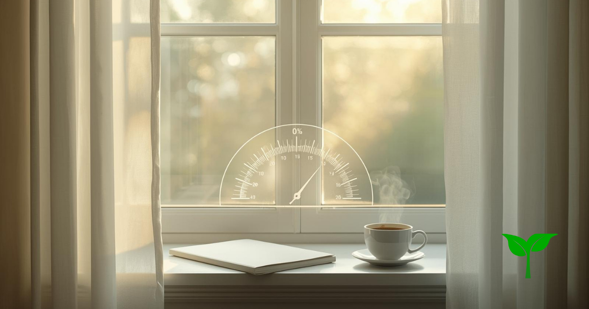 朝の柔らかい光が差し込む窓辺。透明なゲージ「0％→100％」が淡く光に溶け込み、ノートとコーヒーが静かに置かれている。
