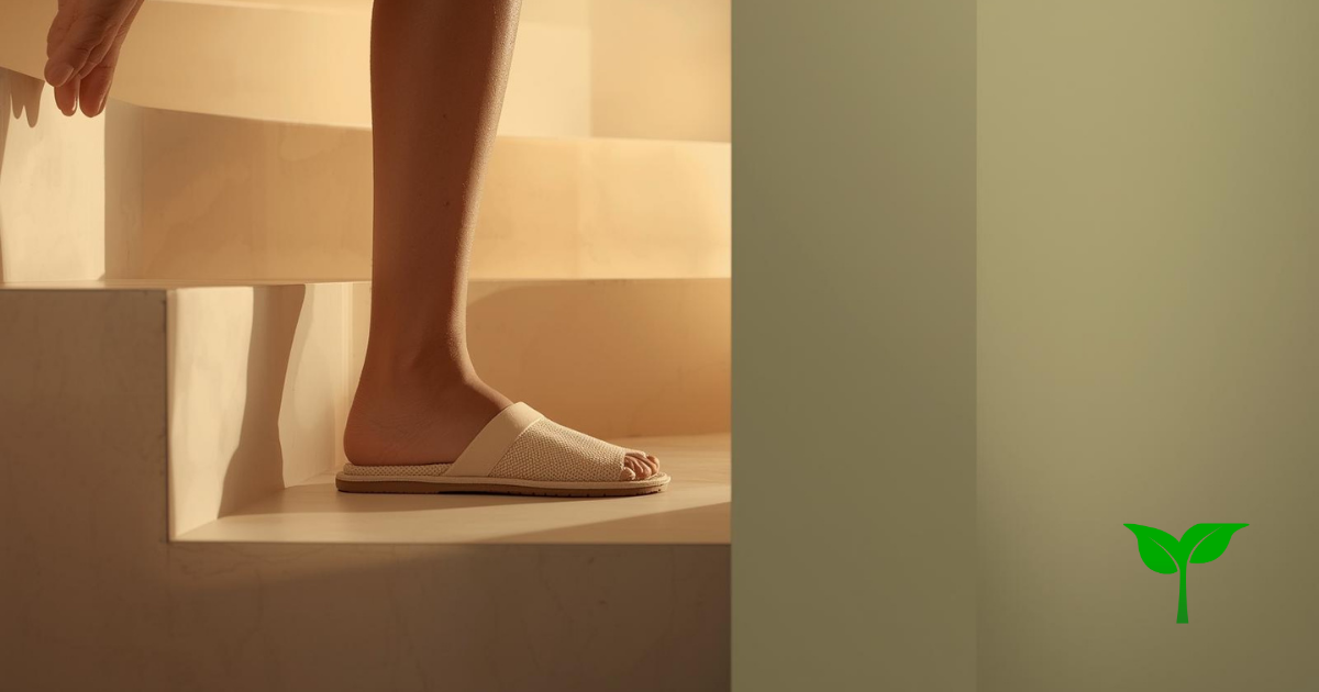 朝の光が差し込む階段の一段目に、スリッパの足先がちょこんとのっている。画面の半分は淡いグラデーション