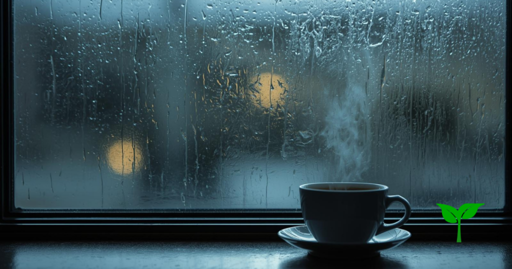 雨上がりの窓（少し曇ったガラス）手前に温かい飲み物光は弱めで“思い通りじゃない朝”のニュアンス