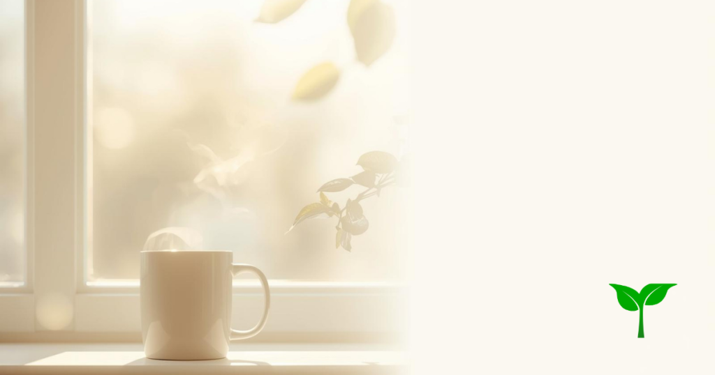 朝の柔らかい光が差し込む窓辺。少し曇り気味のガラス越しに淡い光がにじむ。手前には、湯気がほんのり立つ白いマグカップ。