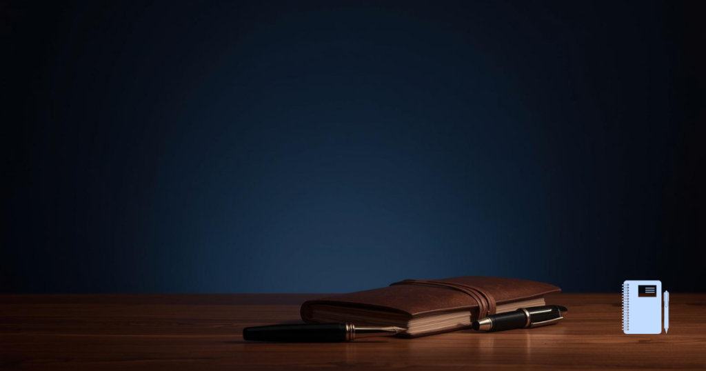 夜の静けさと安心感を感じるビジュアル。 暗めのネイビー背景、柔らかな間接照明の光。 静かな部屋、閉じたノートとペンが机に置かれている