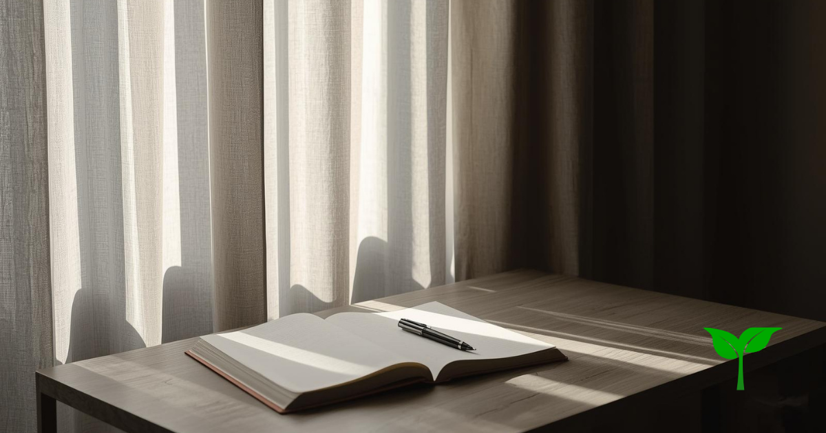 静かな朝の室内。 カーテン越しの柔らかい自然光が差し込み、 机の上には何も書かれていないノートとペン。