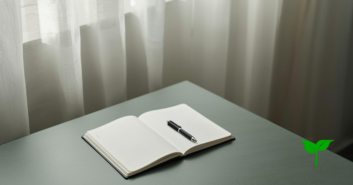 静かな朝の室内。 カーテン越しの淡い光。 何も書かれていないノート。 置かれたままのペン。