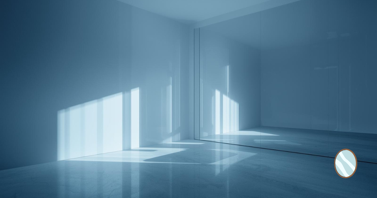 夜の室内、鏡に映る淡い光と影、静かな雰囲気