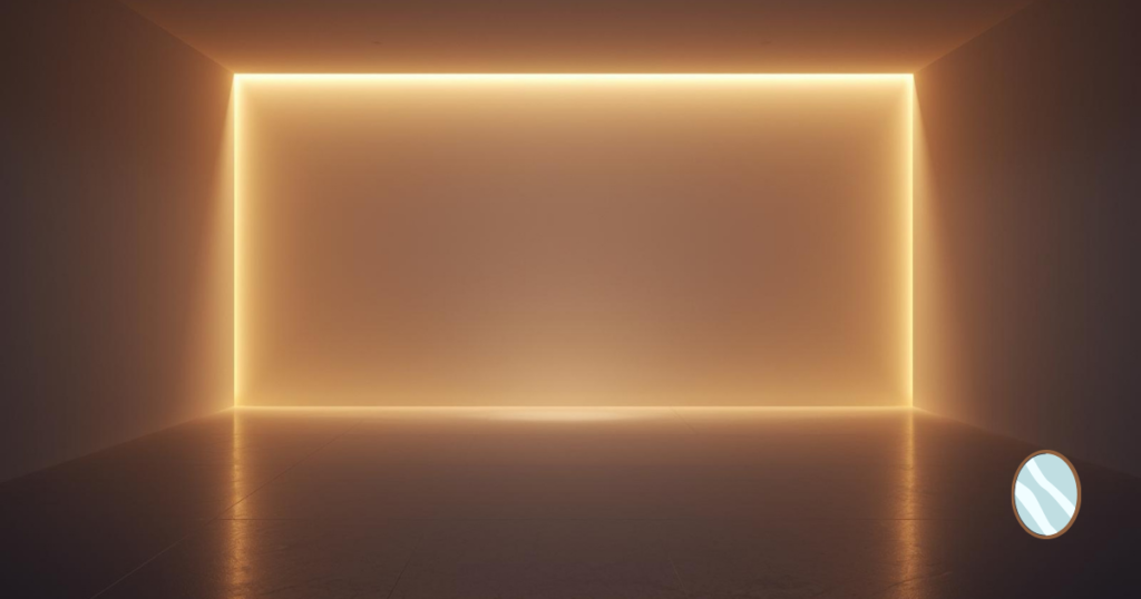 夜の室内、やわらかな間接照明、影のある壁