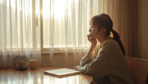 早朝の静かな光の中で窓辺に座る女性